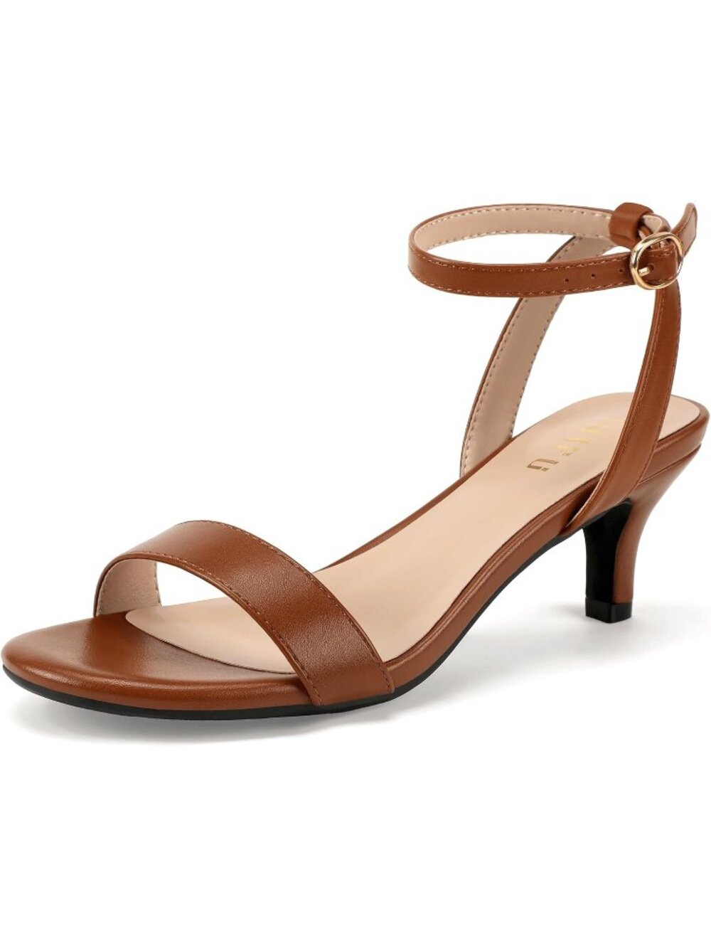 Women's Brown Pu Kitten Heels Low Open Round Toe Short Ankle Strap Heel Sandals